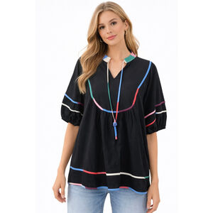 Cicy Bell Black Top Colorful Trim Puff Sleeves Relaxed Fit Boho Peasant Size XXL